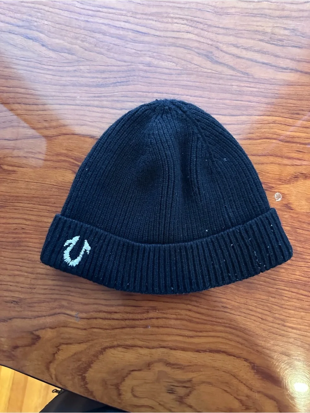 True Religion Black Ribbed Cuffed Beanie with White Logo
